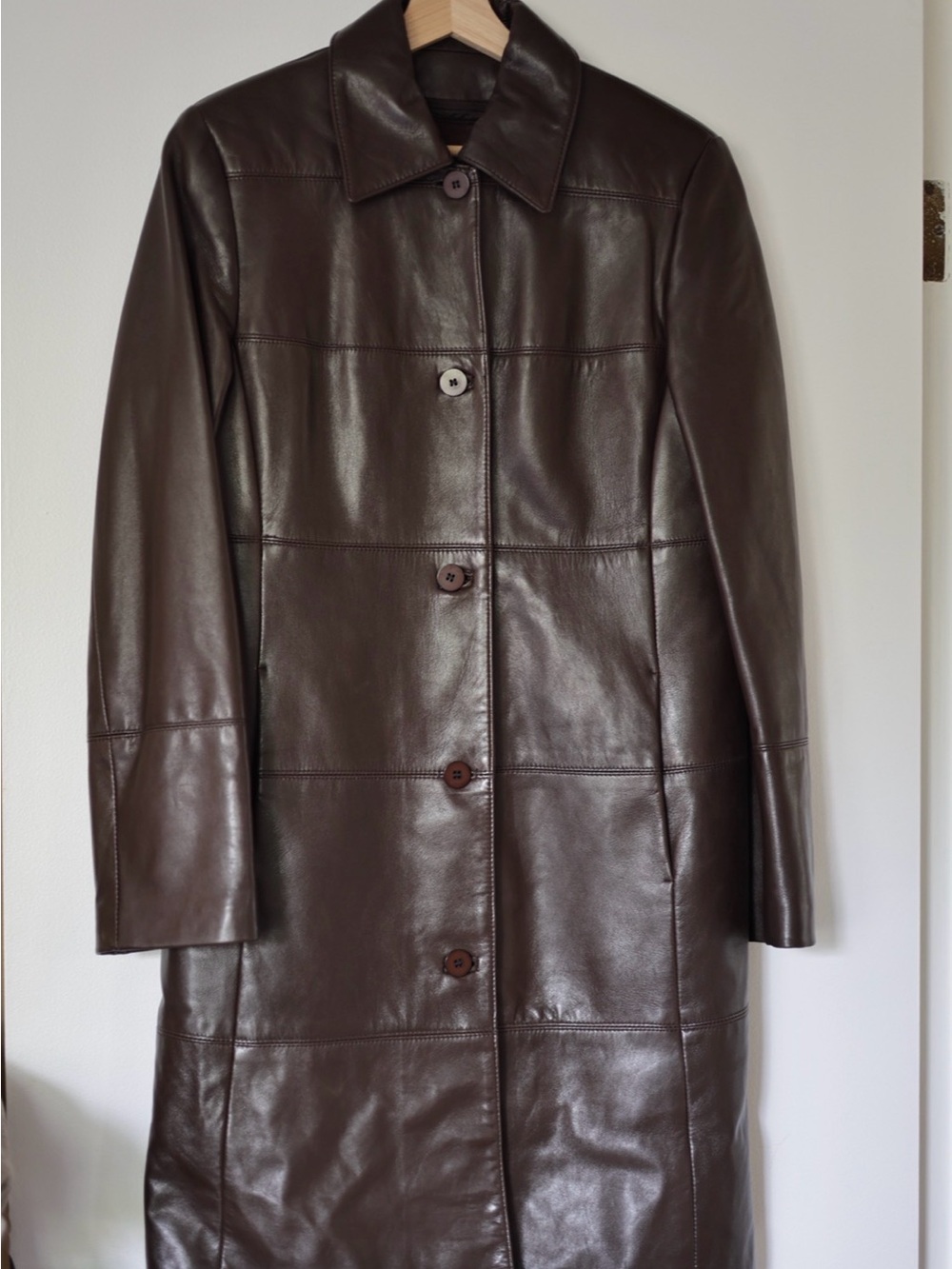 Vintage Danier Dark Brown Leather Long Button Coat